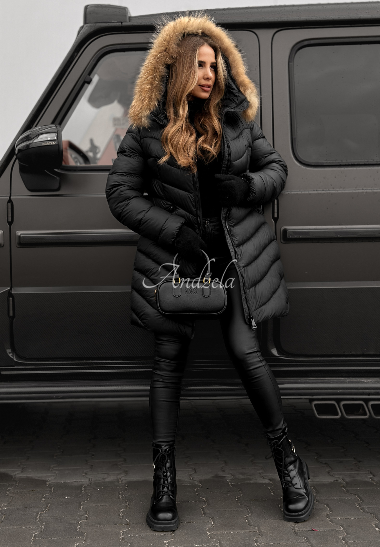 Steppjacke mit Kapuze Winter Schwarz