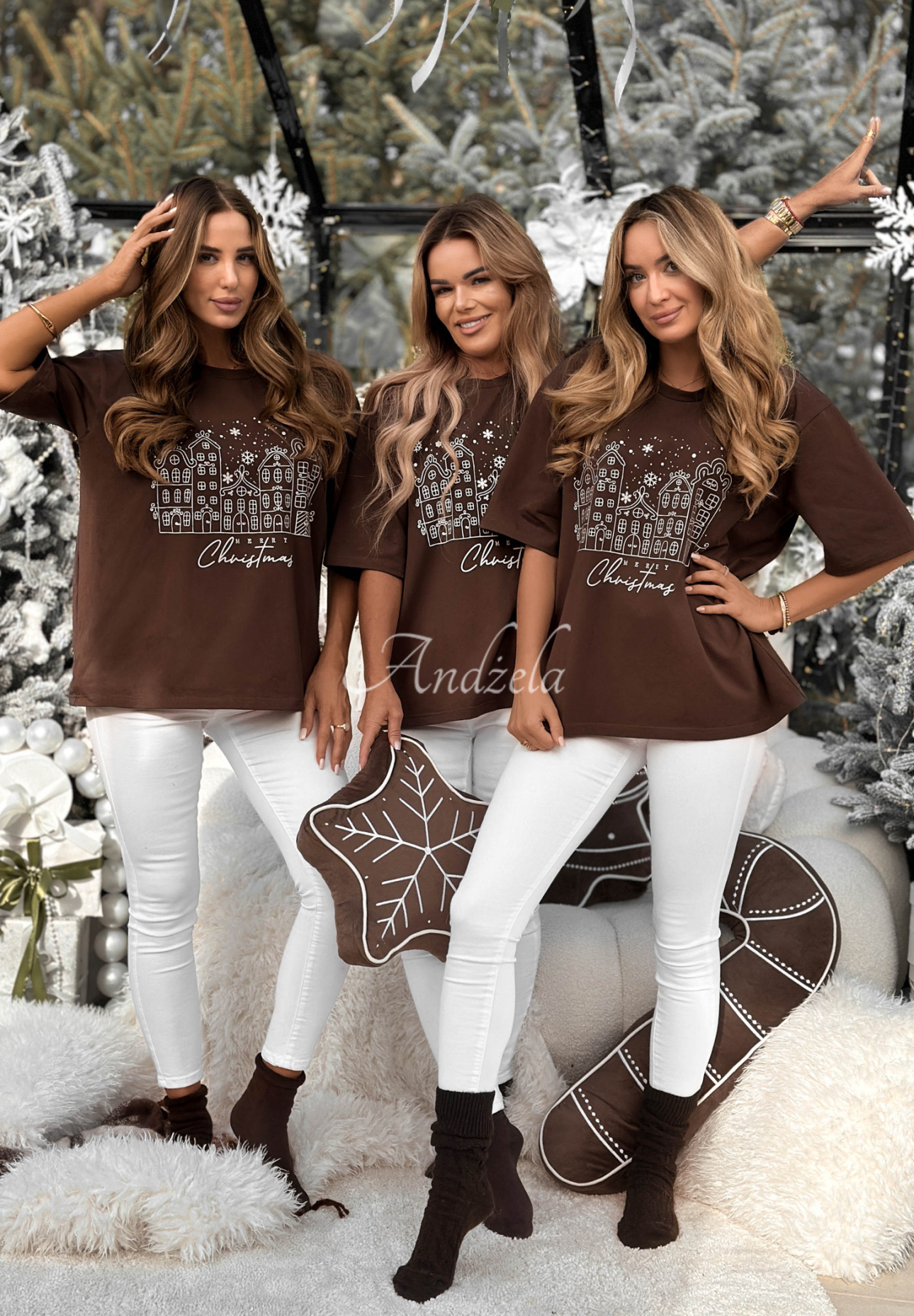 Weihnachts-T-Shirt mit Aufdruck Snowy Christmas Schokoladenbraun