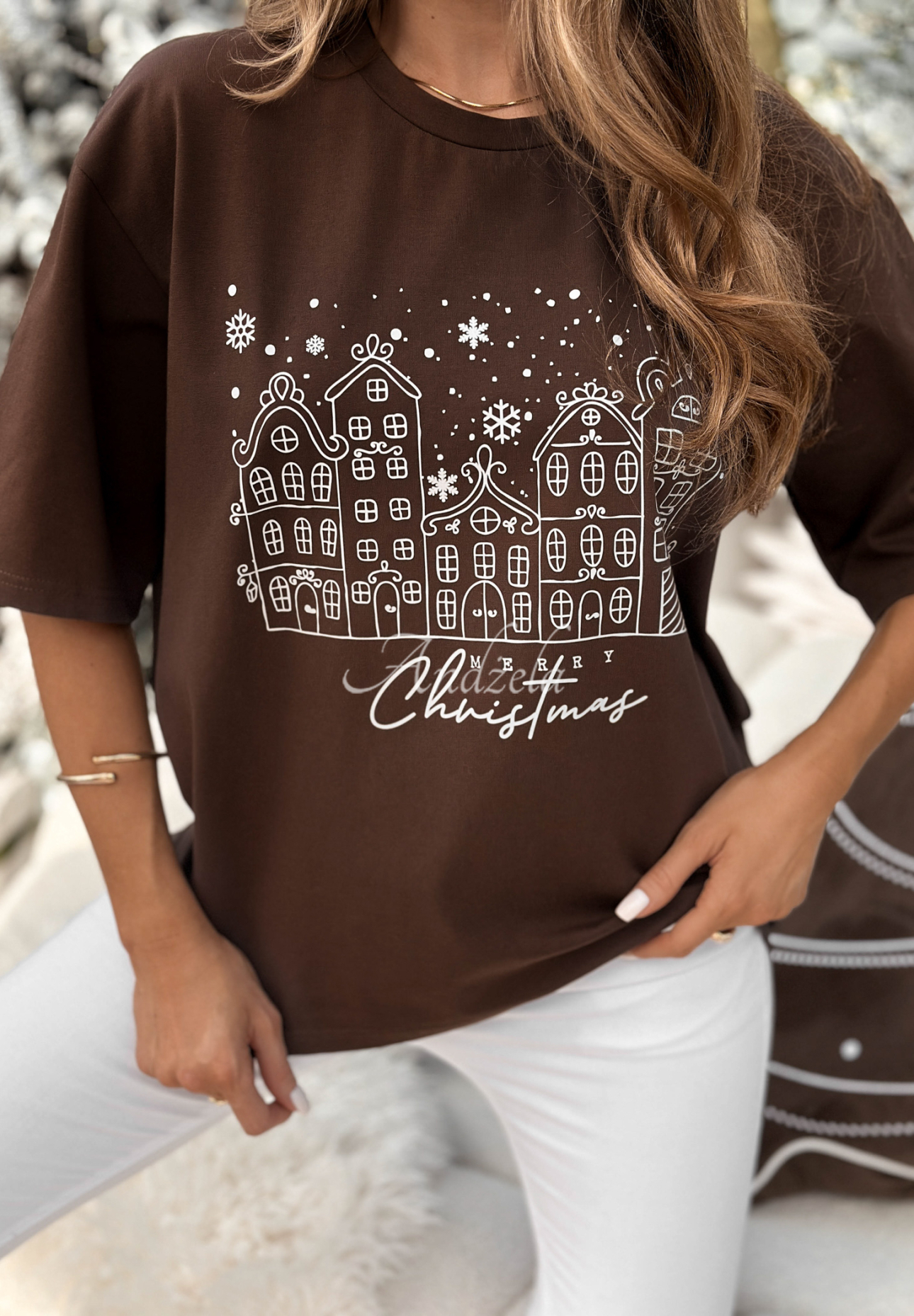 Weihnachts-T-Shirt mit Aufdruck Snowy Christmas Schokoladenbraun