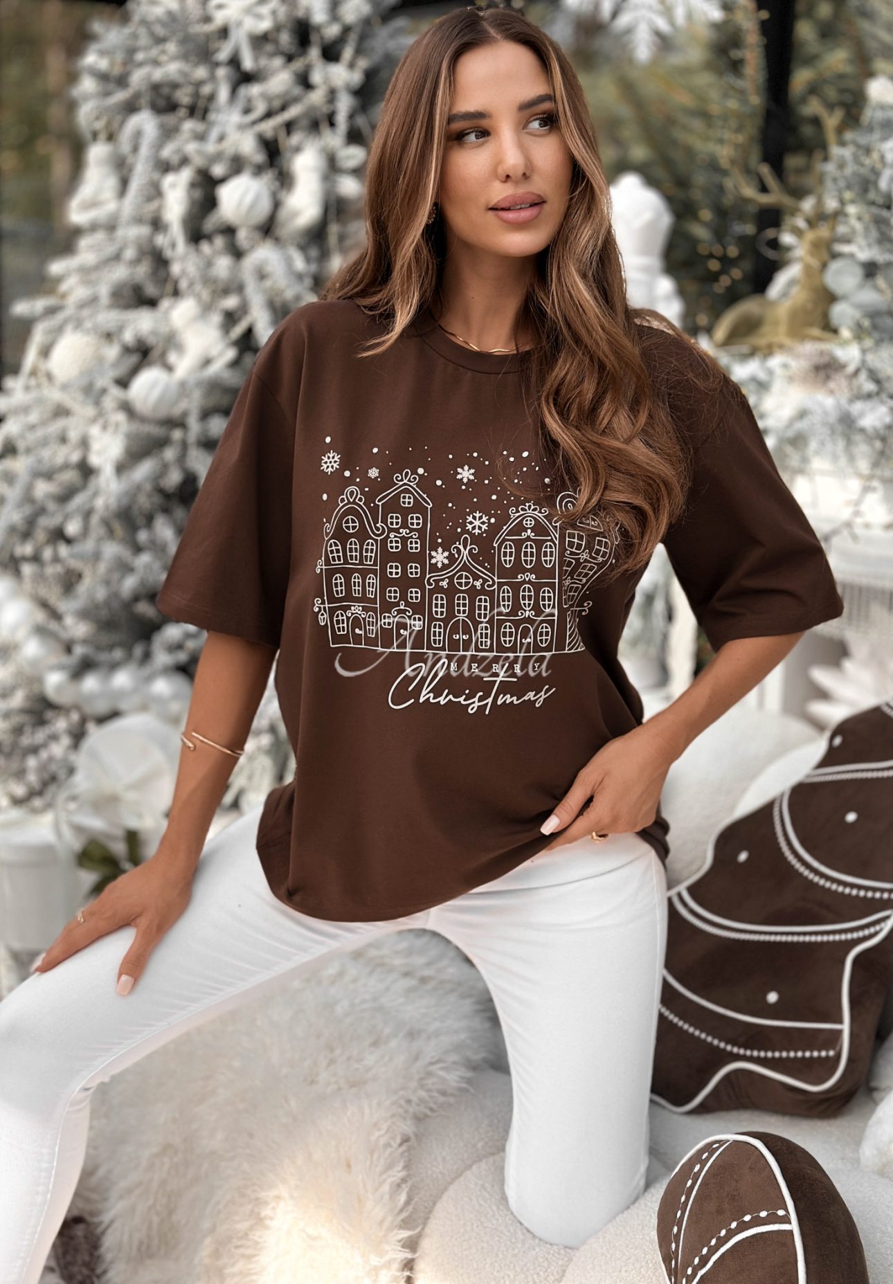 Weihnachts-T-Shirt mit Aufdruck Snowy Christmas Schokoladenbraun
