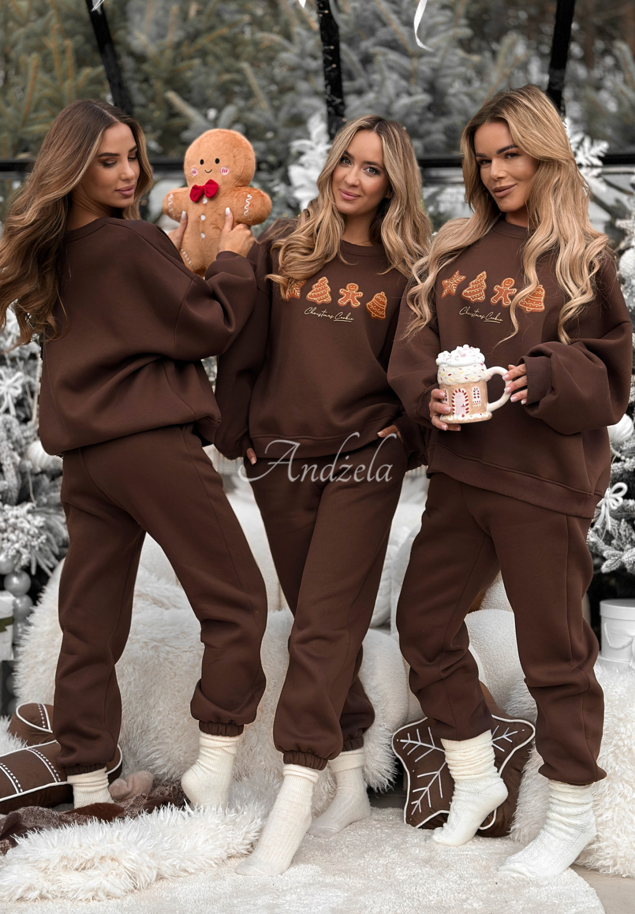 Weihnachts-Trainingsanzug-Set: Sweatshirt und Hose Christmas Cookies Schokoladenbraun