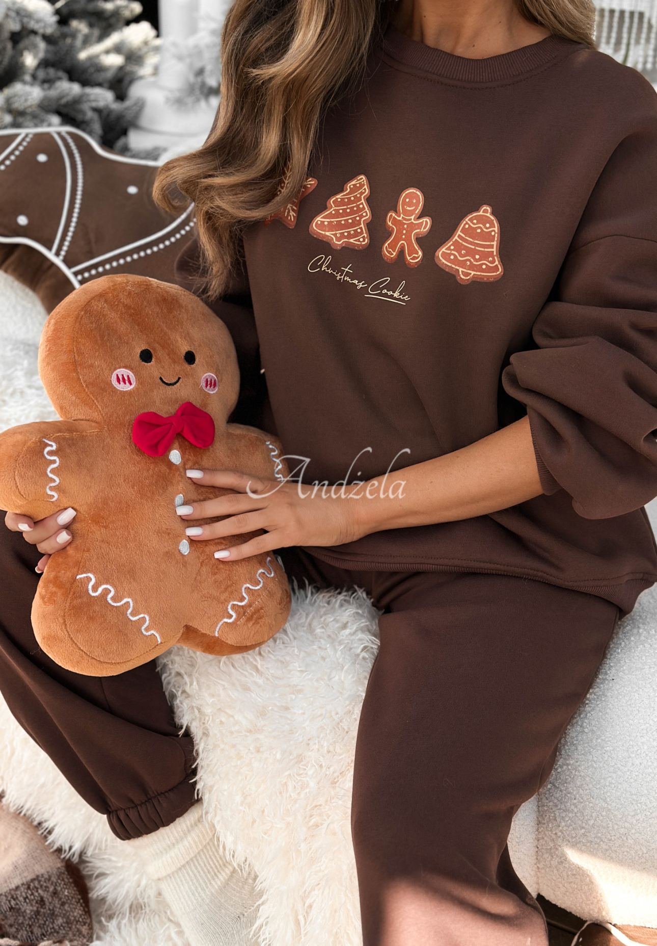 Weihnachts-Trainingsanzug-Set: Sweatshirt und Hose Christmas Cookies Schokoladenbraun