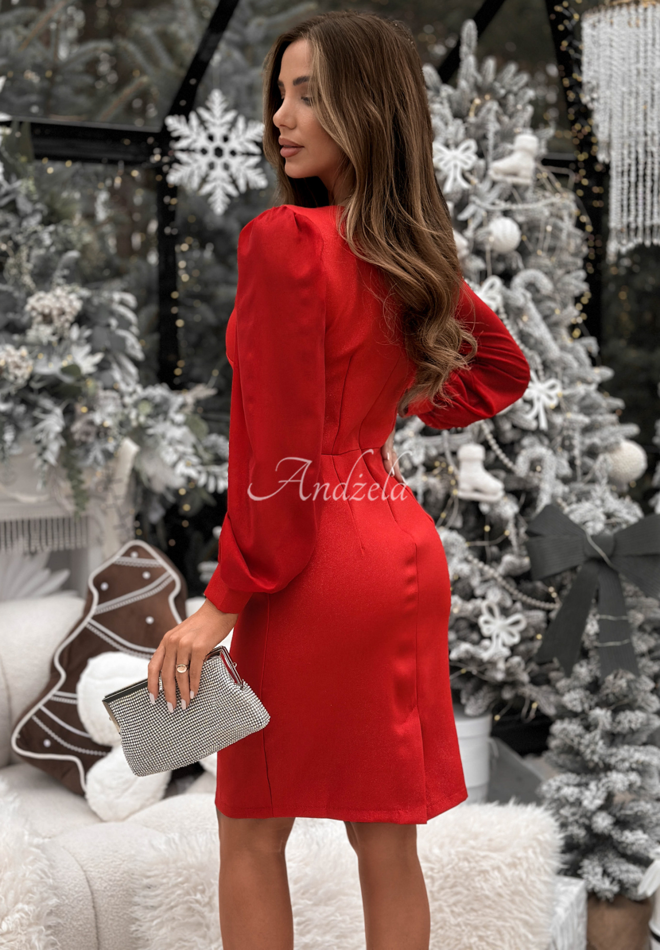 Glänzendes Kleid mit Puffärmeln Just Saying Rot