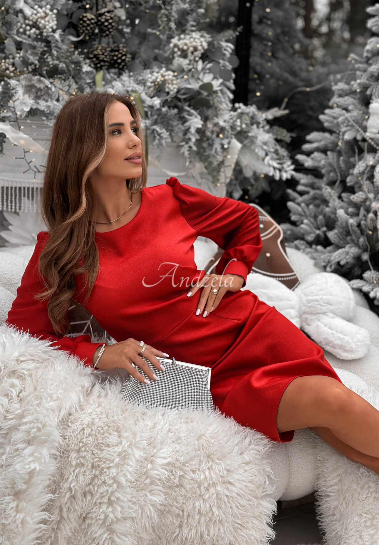 Glänzendes Kleid mit Puffärmeln Just Saying Rot