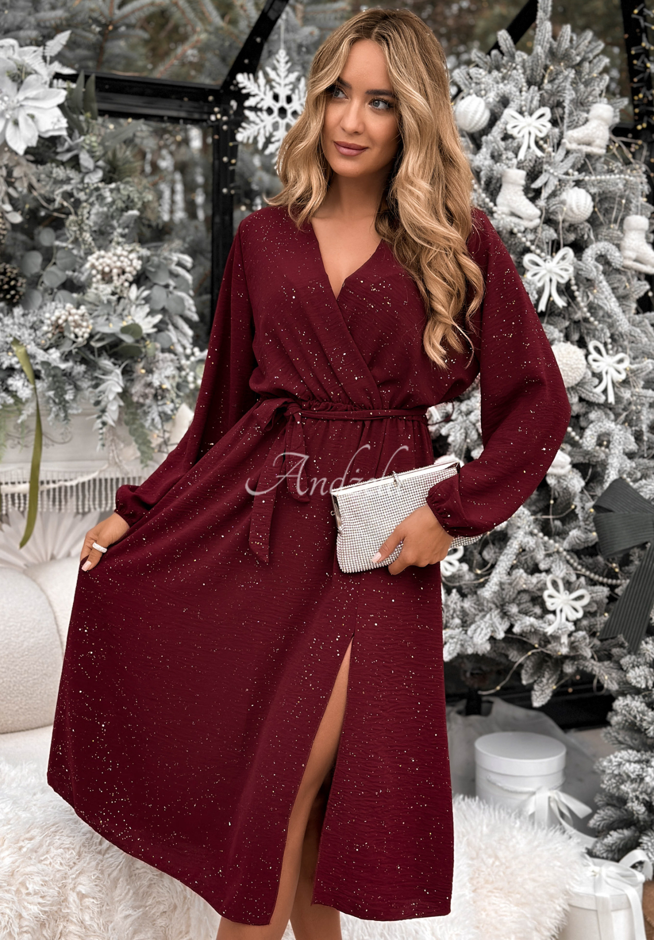 Glänzendes Midikleid aus Viskose Mistletoe Kisses Burgunderrot