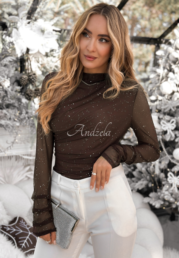 Glitzer-Netzbluse mit R&uuml;schen Time Of The Year Schokoladenbraun