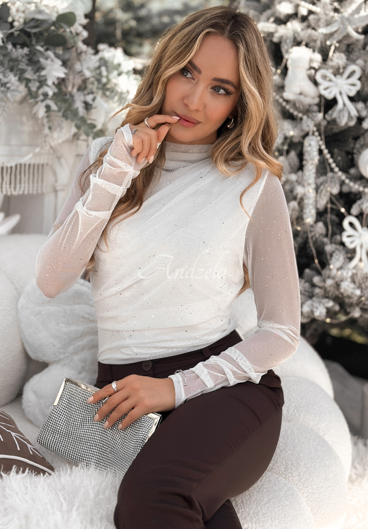 Glitzer-Netzbluse mit Rüschen Time Of The Year Weiß