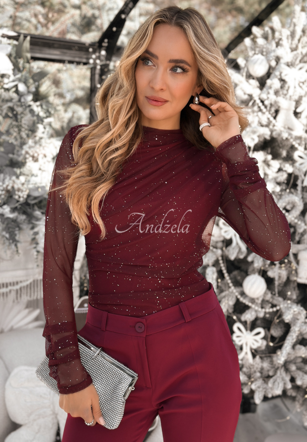 Glitzer-Netzbluse mit R&uuml;schen Time Of The Year Burgunderrot