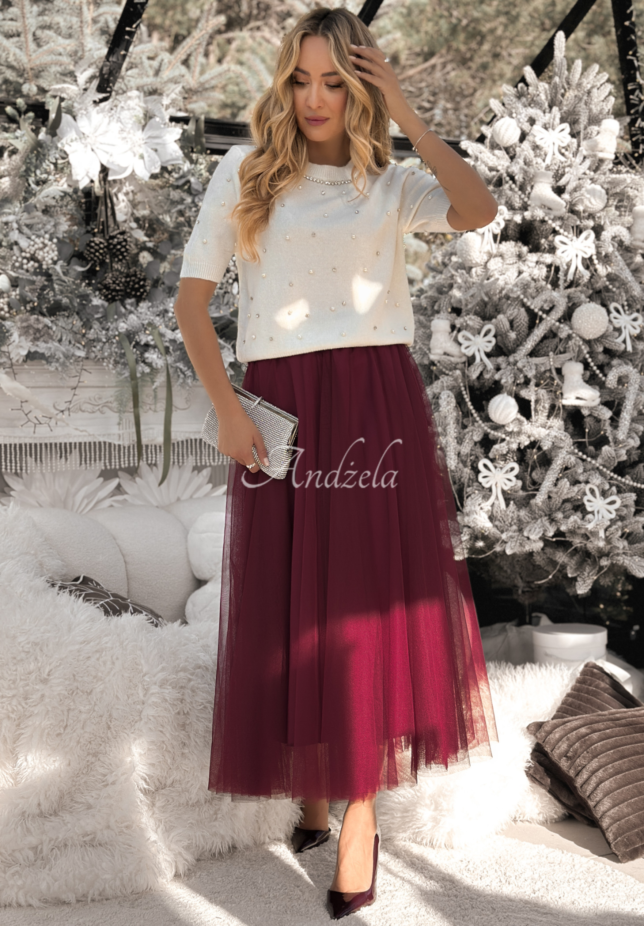 Pullover mit Kristallen und Perlen Covered In Pearls Ecru