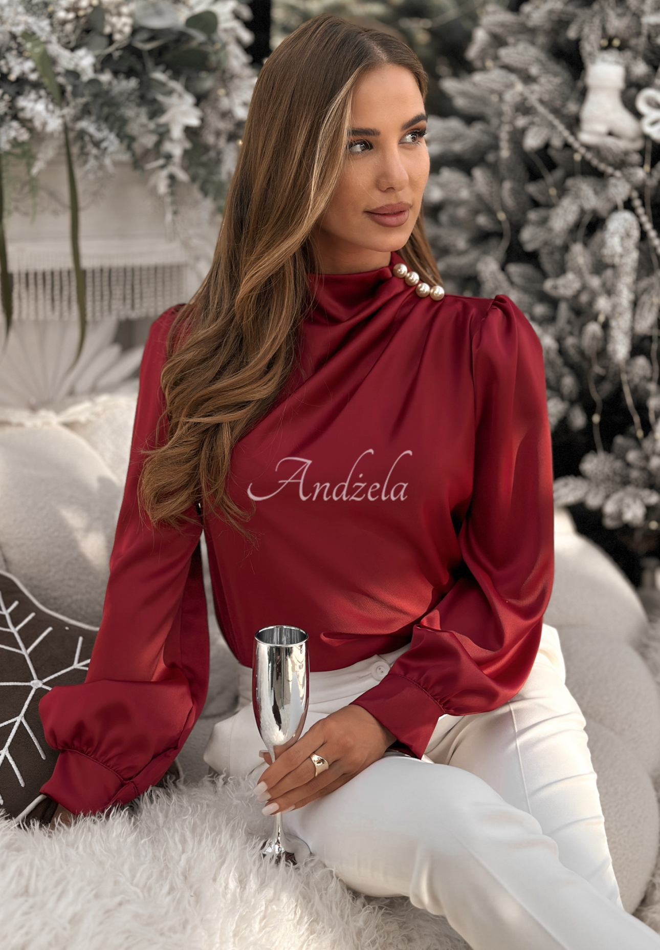 Satinbluse mit Perlen und Rüschen Looking At Burgunderrot