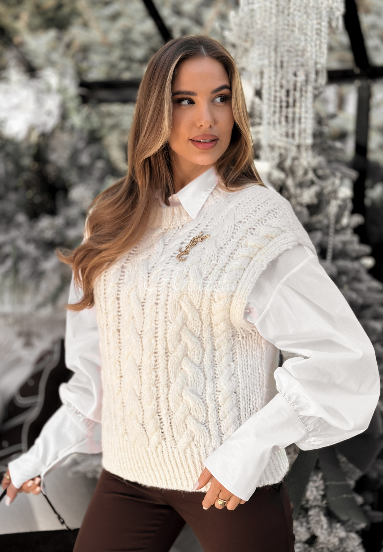 Pulloverweste aus Alpaka und Wolle Willow Woods Ecru