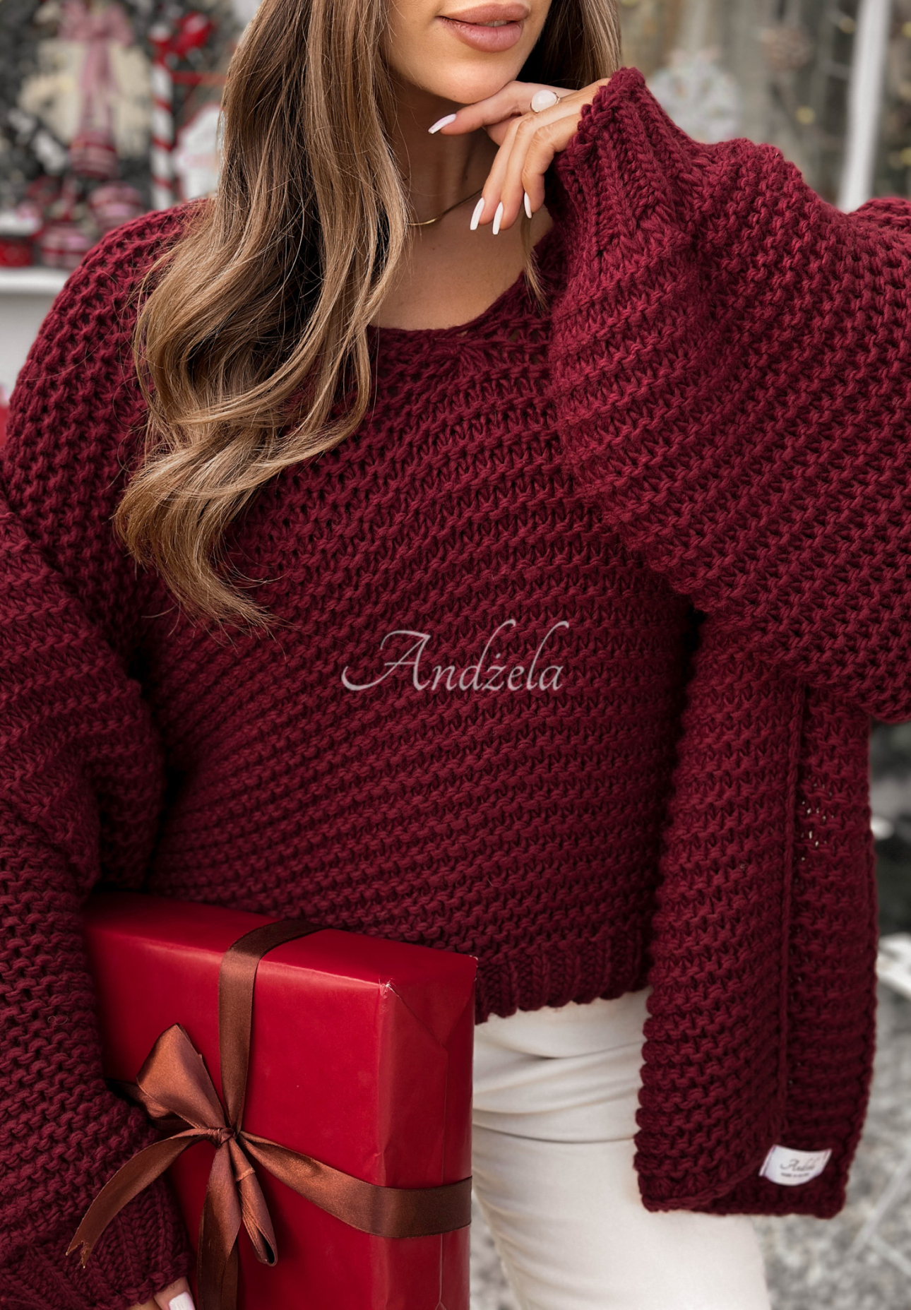 Gestrickter Wollpullover Winter Is Calling Burgunderrot