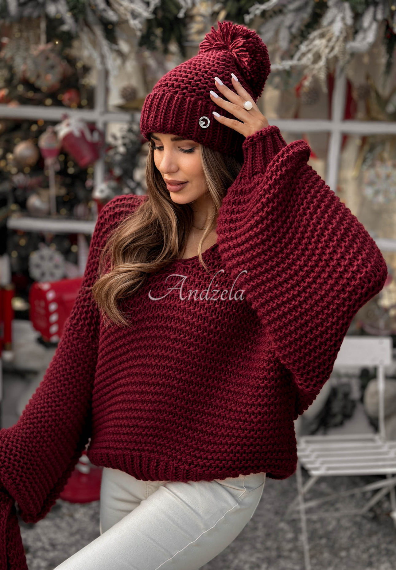 Gestrickter Wollpullover Winter Is Calling Burgunderrot