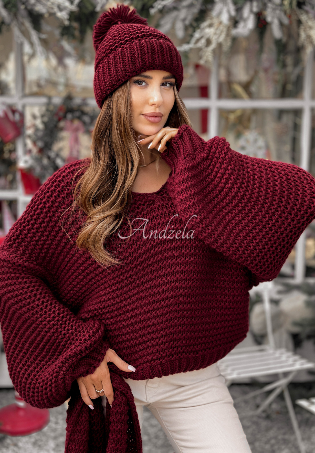 Gestrickter Wollpullover Winter Is Calling Burgunderrot