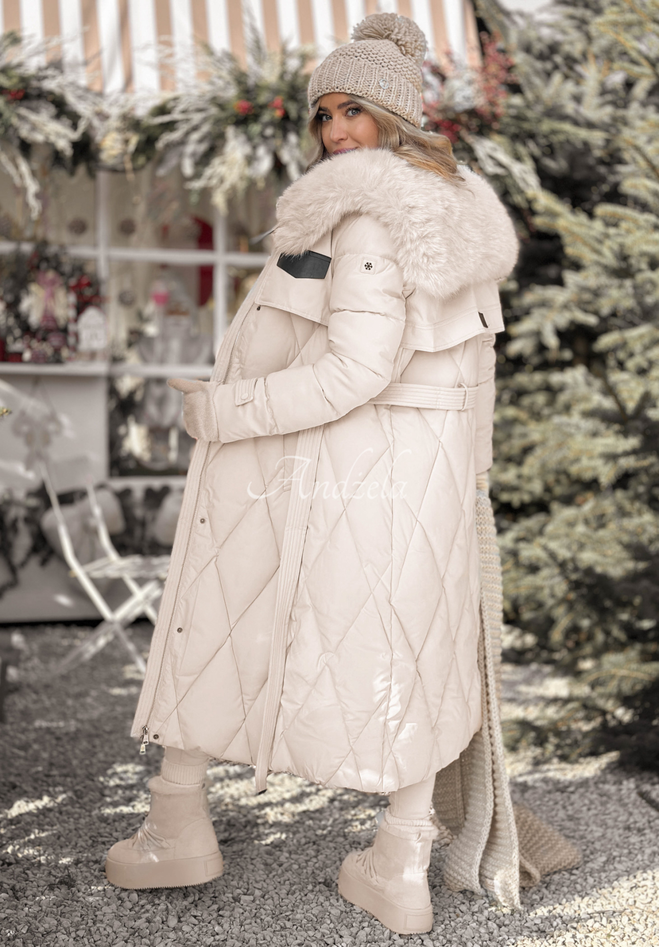 Steppjacke mit Fell Hot Coffee Beige