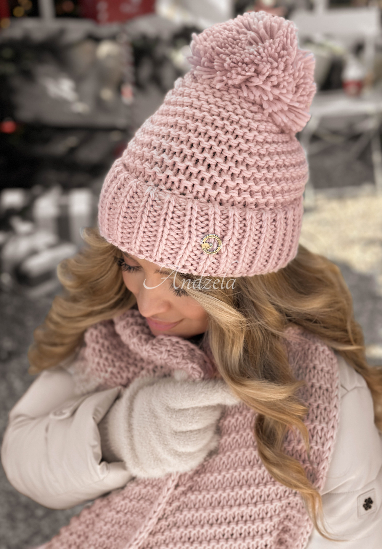 Set Mütze und Schal aus Wolle Best Winter Days Puderrosa