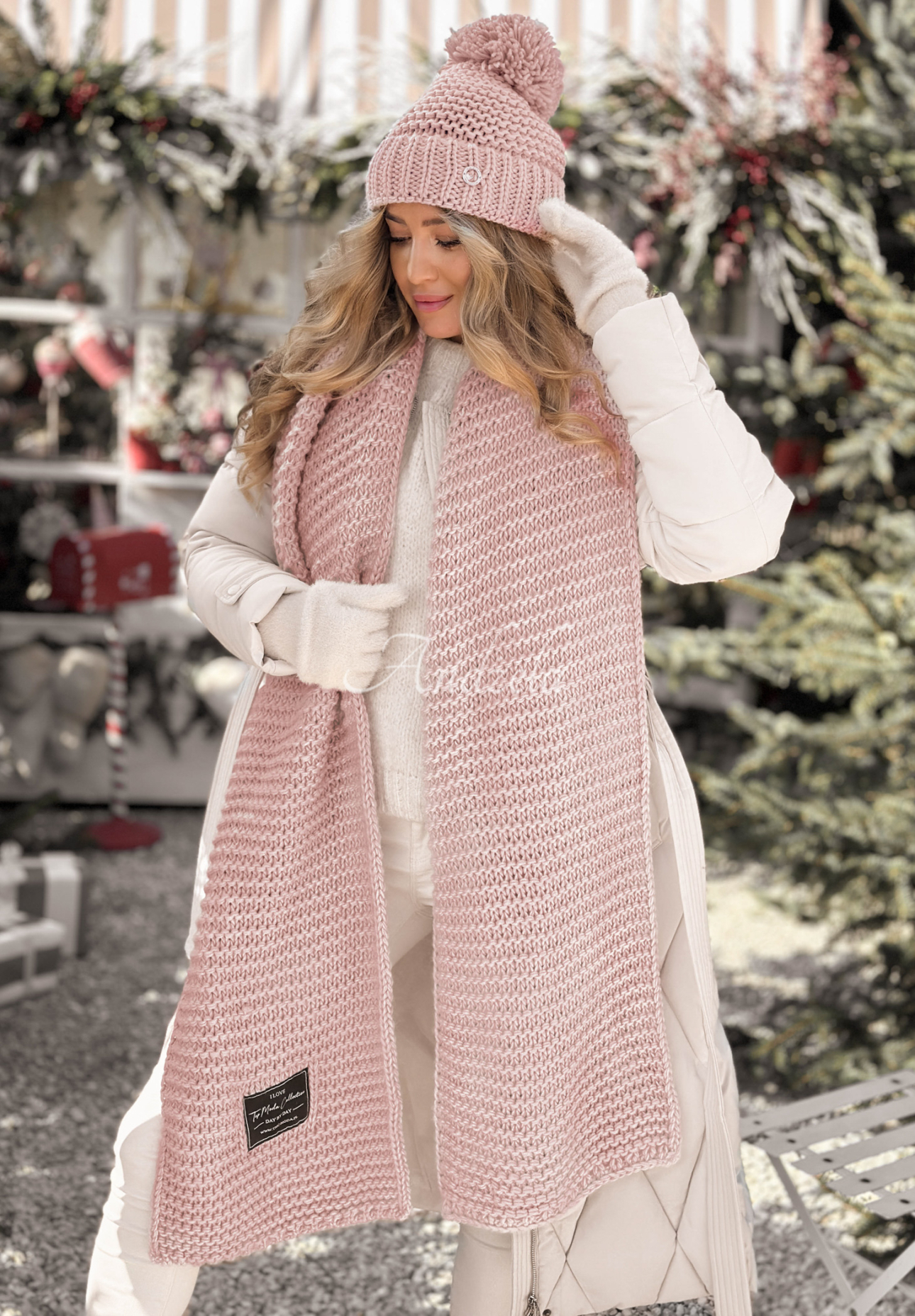 Set Mütze und Schal aus Wolle Best Winter Days Puderrosa