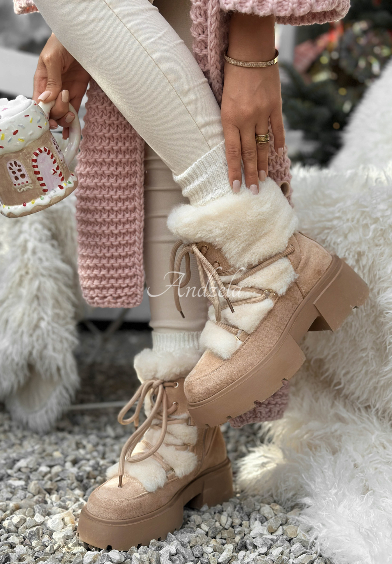 Wildleder-Schneestiefel mit Fell Fall Of Snow Beige