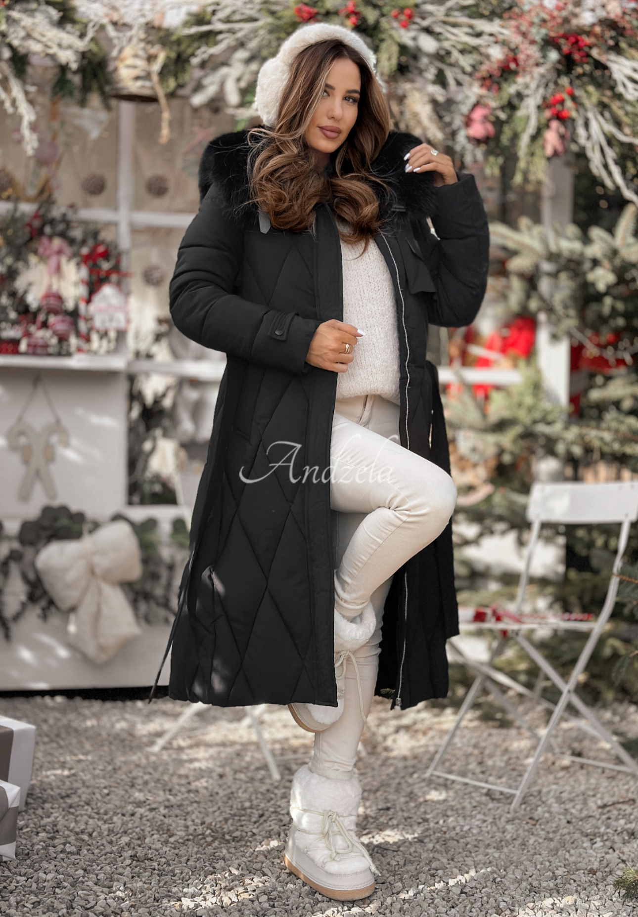 Steppjacke mit Fell Hot Coffee Schwarz