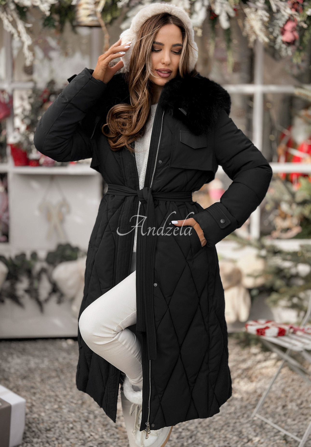 Steppjacke mit Fell Hot Coffee Schwarz