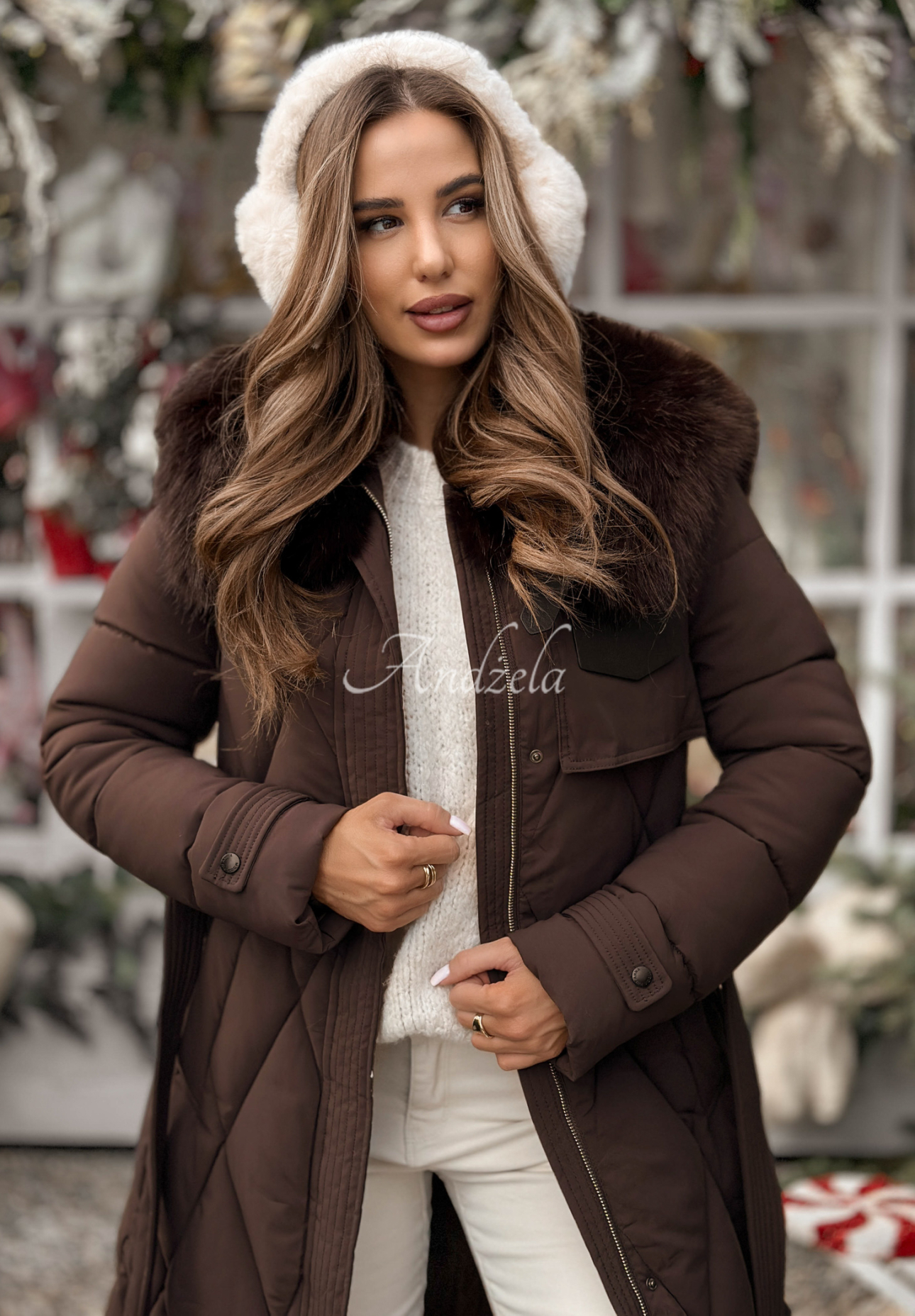 Steppjacke mit Fell Hot Coffee Schokoladenbraun