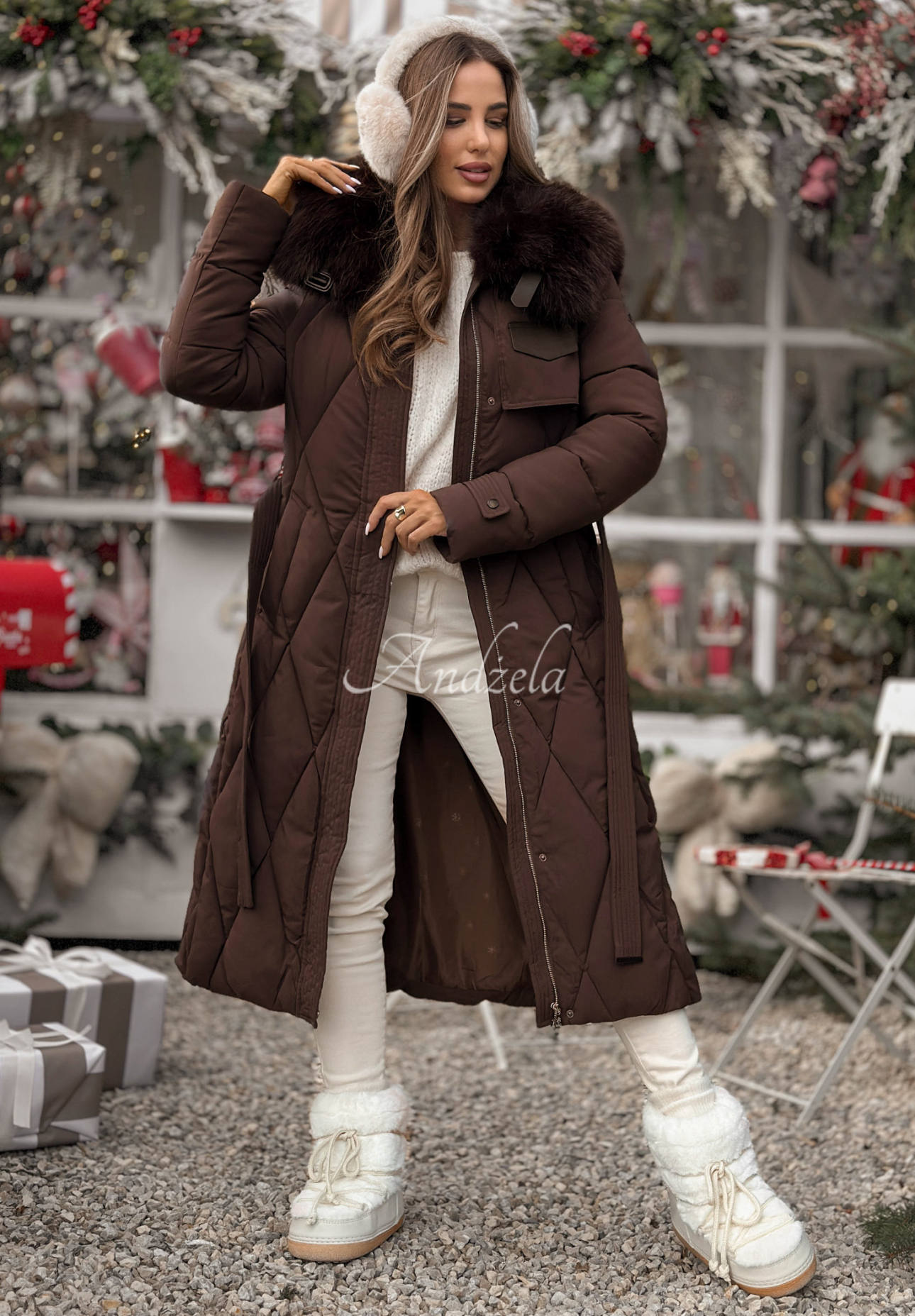 Steppjacke mit Fell Hot Coffee Schokoladenbraun