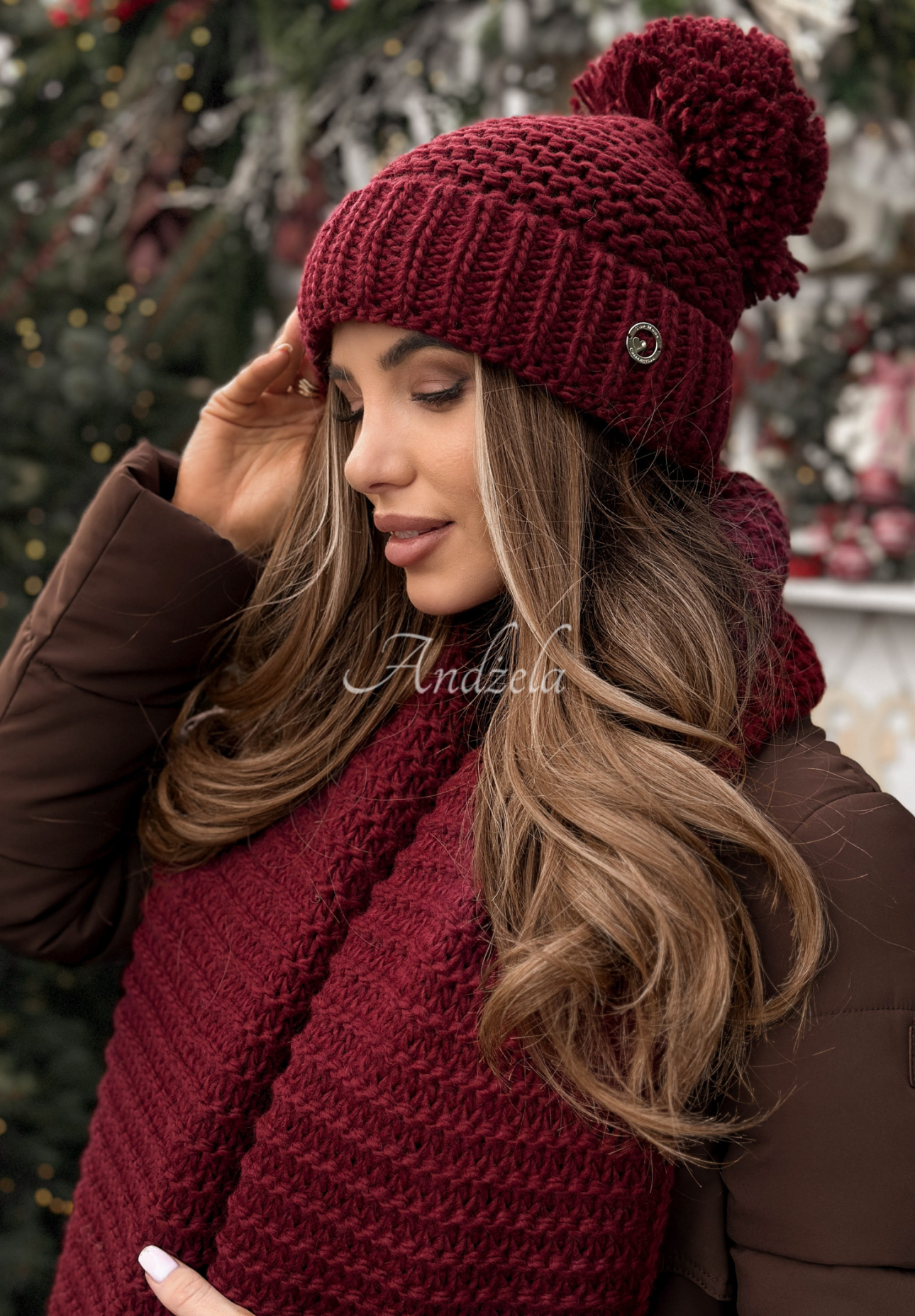 Set Mütze und Schal aus Wolle Best Winter Days Burgunderrot