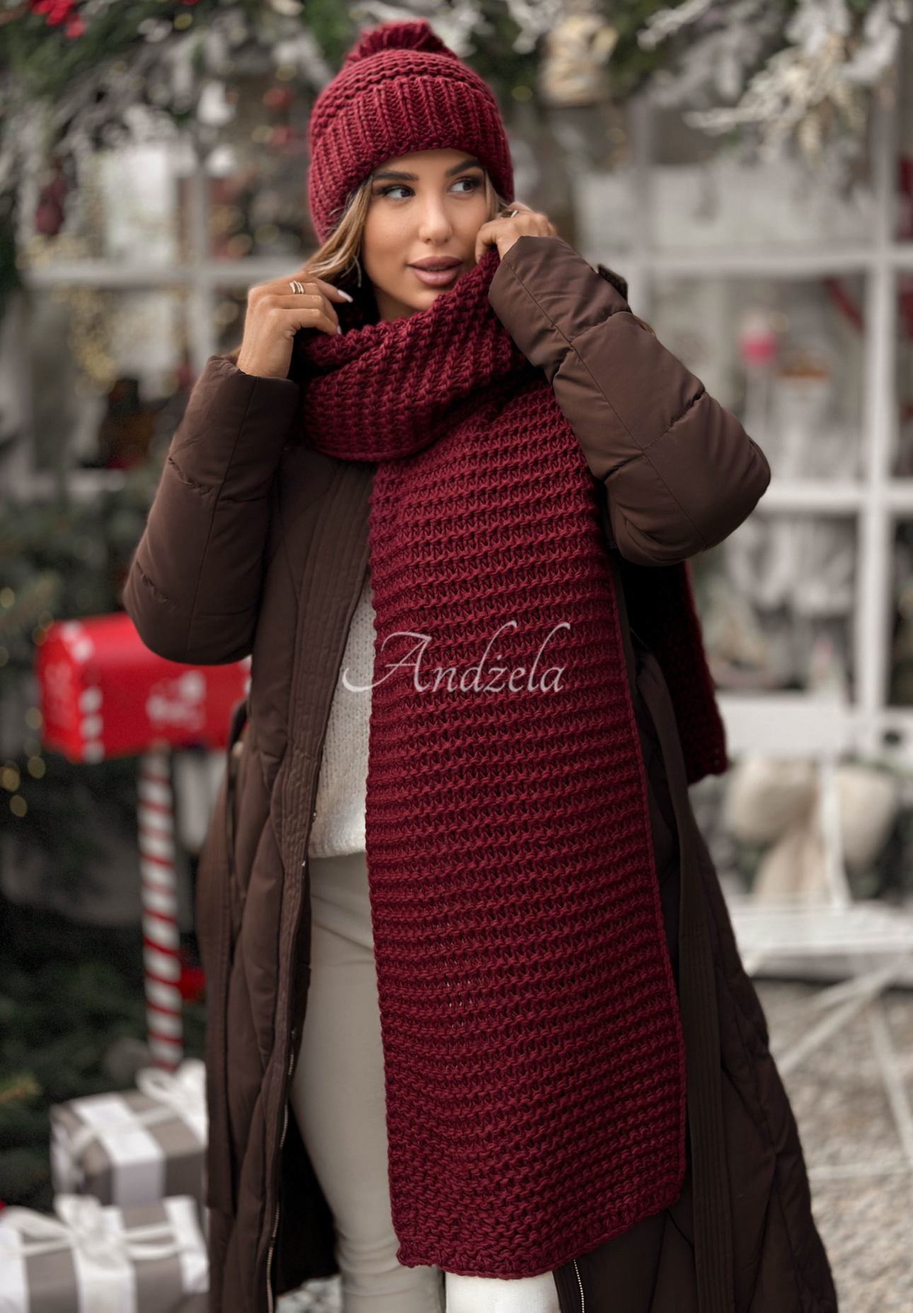 Set Mütze und Schal aus Wolle Best Winter Days Burgunderrot