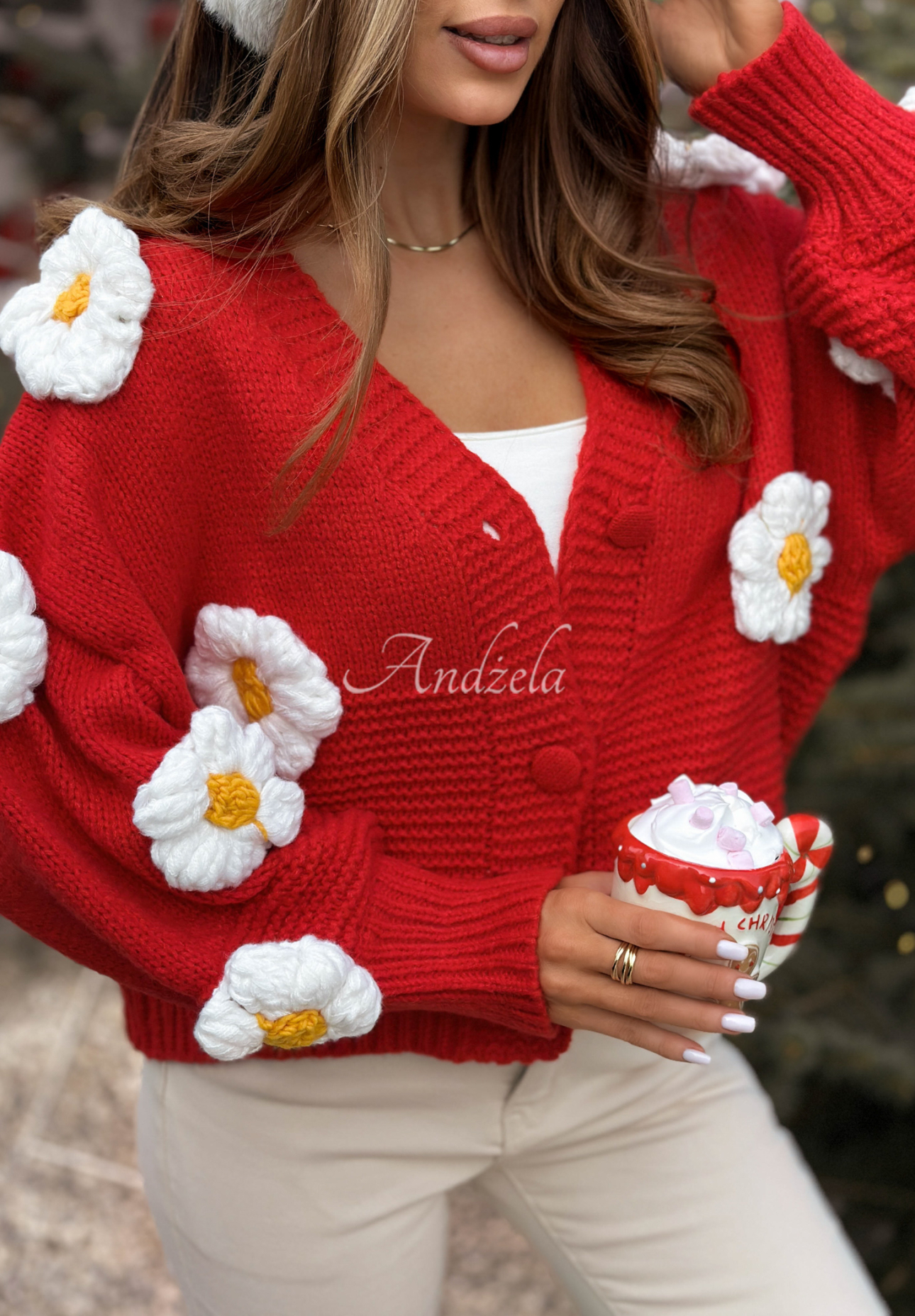 Kurzer Cardigan mit Blumen Puffy Flowers Rot