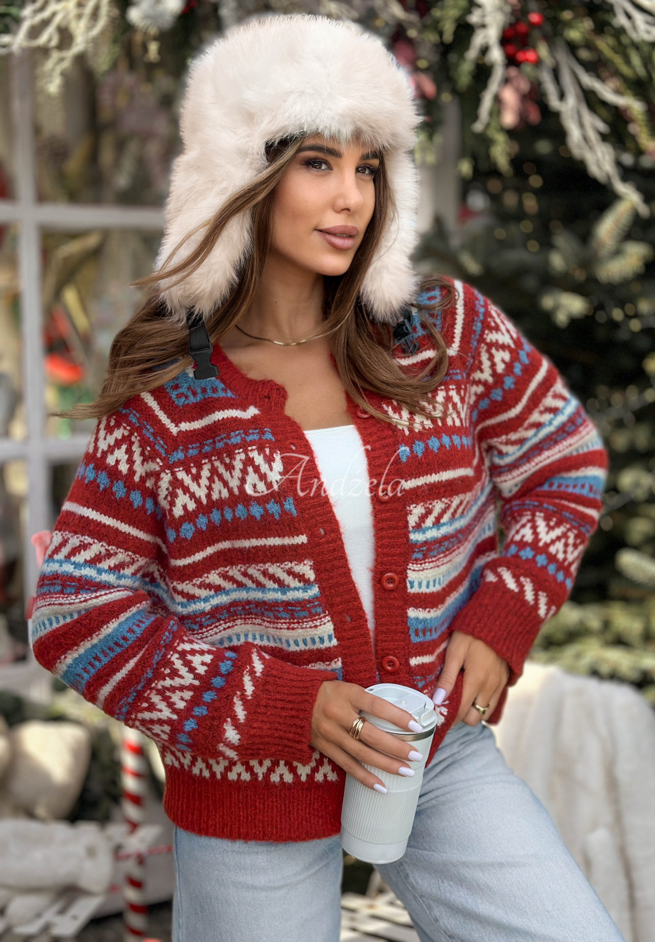 Kurze gemusterte Strickjacke Tea Season Rot