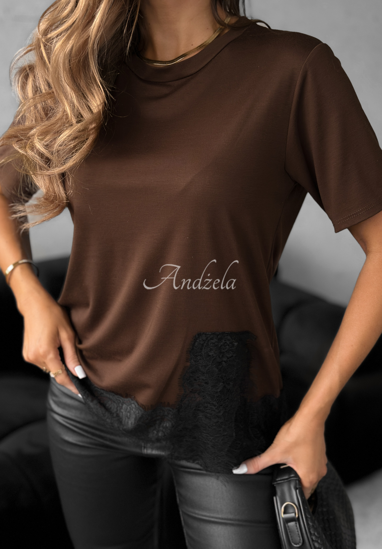 Viskose-T-Shirt mit Spitze Daily Lace Schokoladenbraun