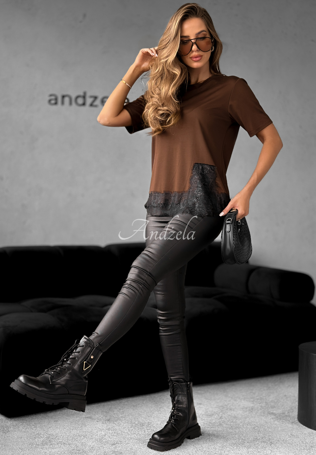 Viskose-T-Shirt mit Spitze Daily Lace Schokoladenbraun