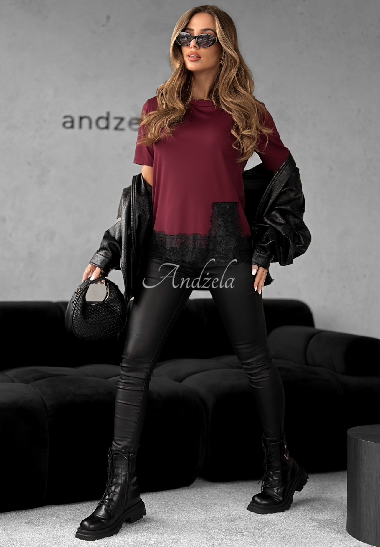 Viskose-T-Shirt mit Spitze Daily Lace Burgunderrot