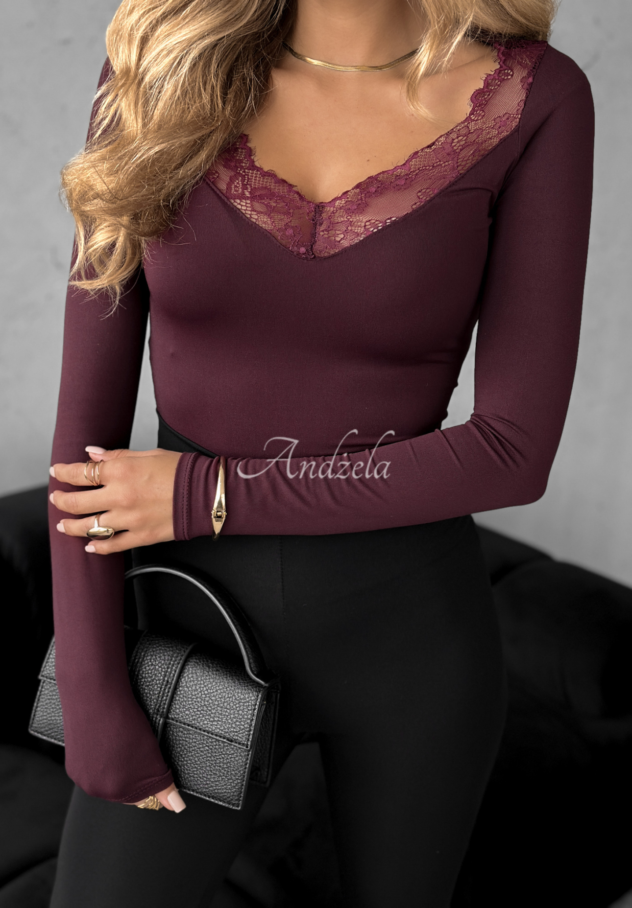 Longsleeve Bluse mit Spitze Miss In Me Burgunderrot