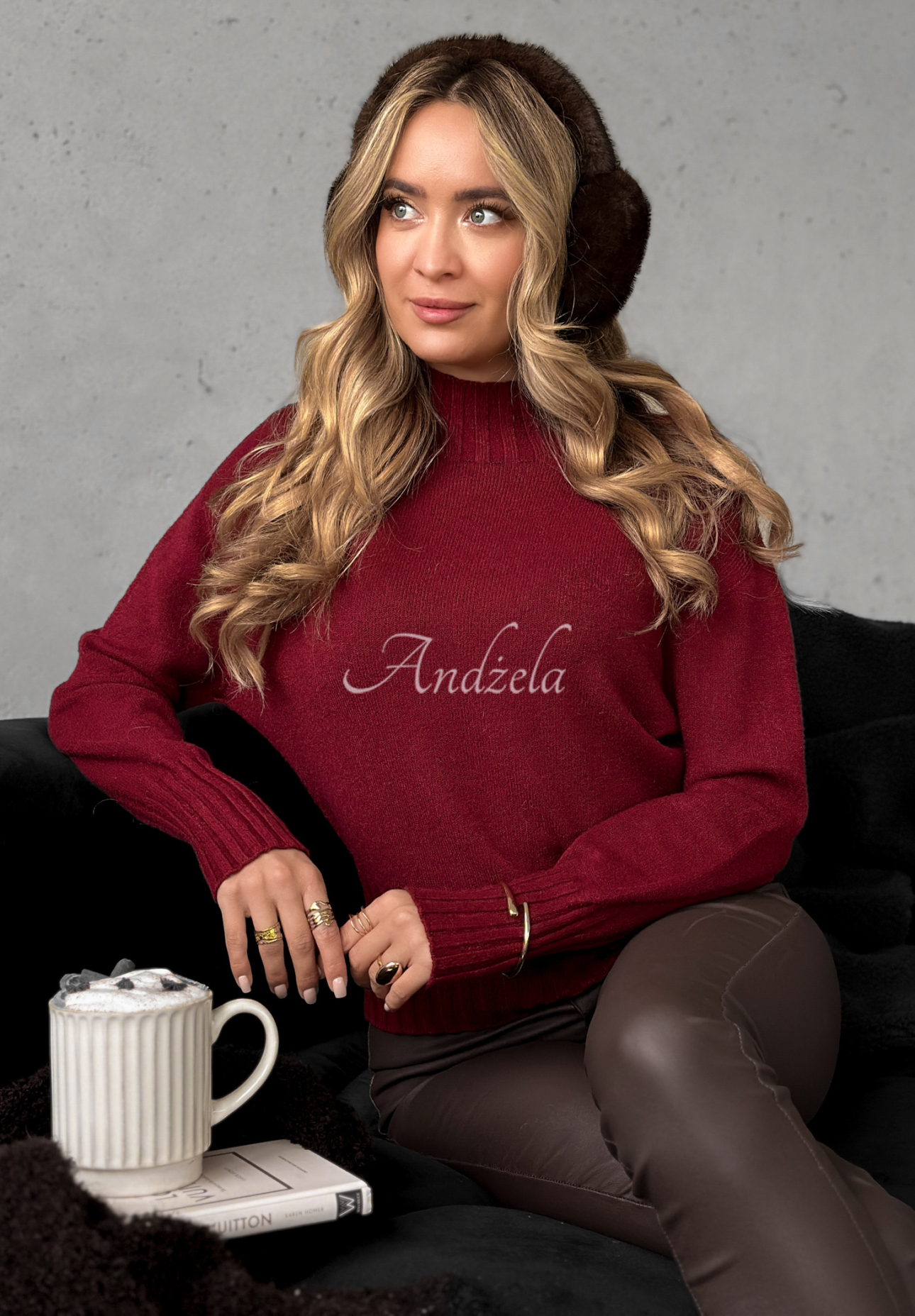 Kurzer Rollkragenpullover aus Viskose Single Snowflake Burgunderrot