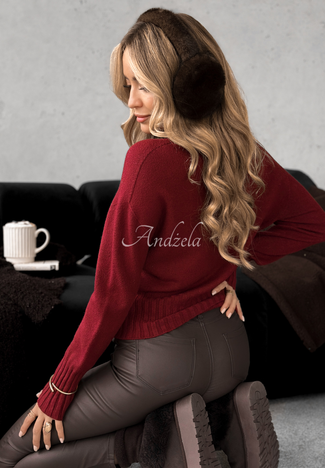 Kurzer Rollkragenpullover aus Viskose Single Snowflake Burgunderrot