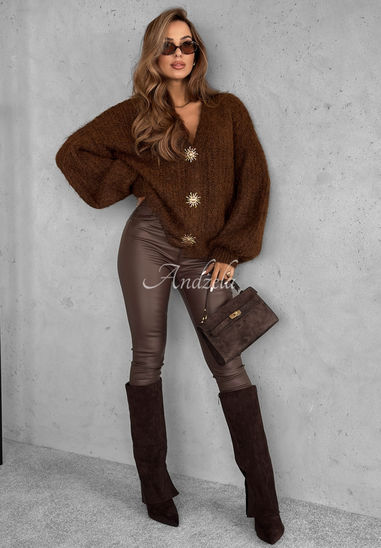 Kurzer Cardigan aus Viskose mit Puffärmeln und Wolle Snow Hill Schokoladenbraun