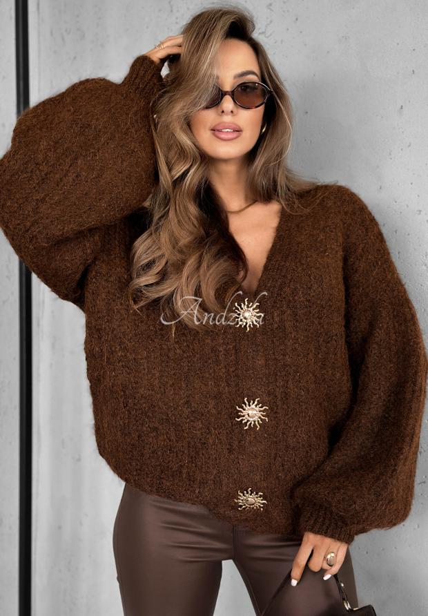 Kurzer Cardigan aus Viskose mit Puff&auml;rmeln und Wolle Snow Hill Schokoladenbraun