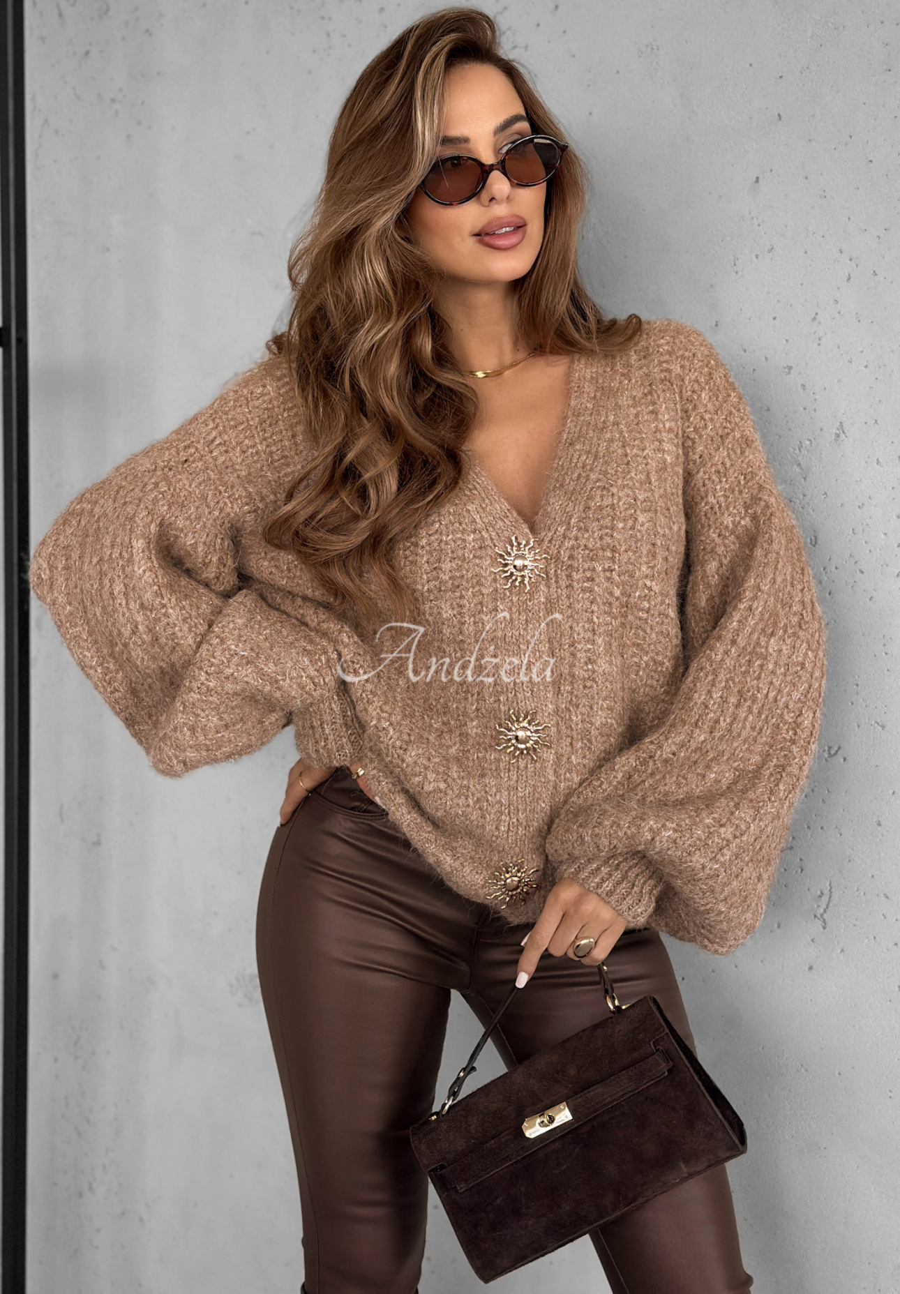 Kurzer Cardigan aus Viskose mit Puffärmeln und Wolle Snow Hill Beige