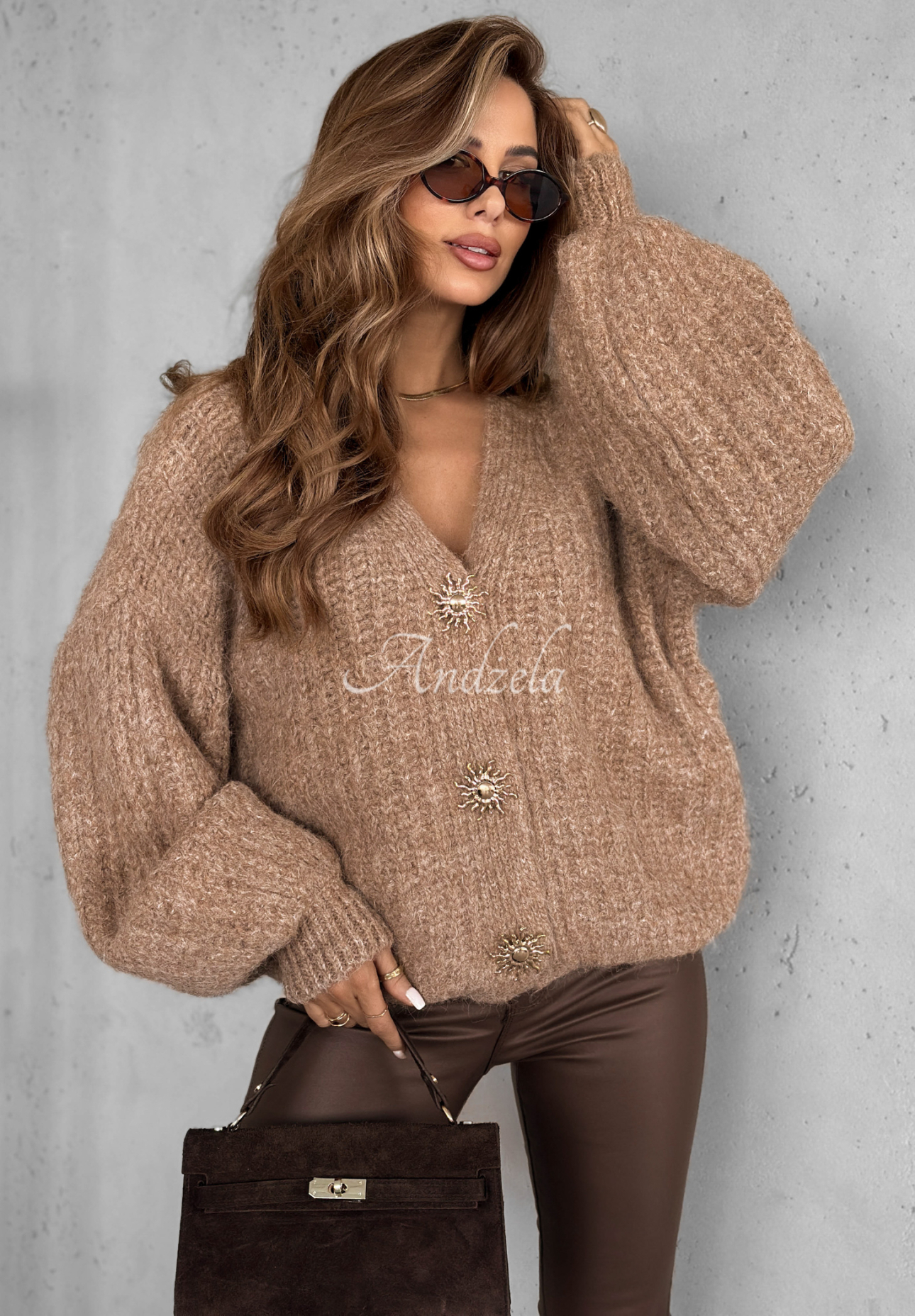 Kurzer Cardigan aus Viskose mit Puffärmeln und Wolle Snow Hill Beige