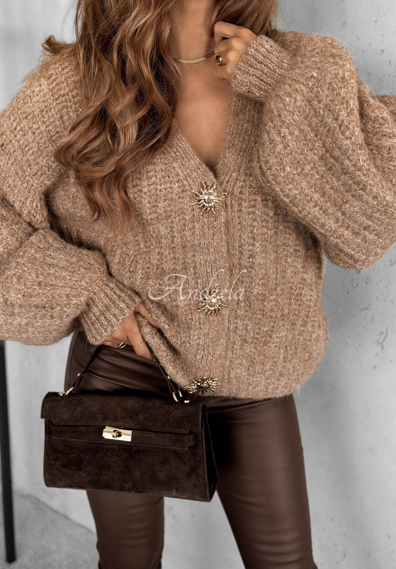 Kurzer Cardigan aus Viskose mit Puffärmeln und Wolle Snow Hill Beige