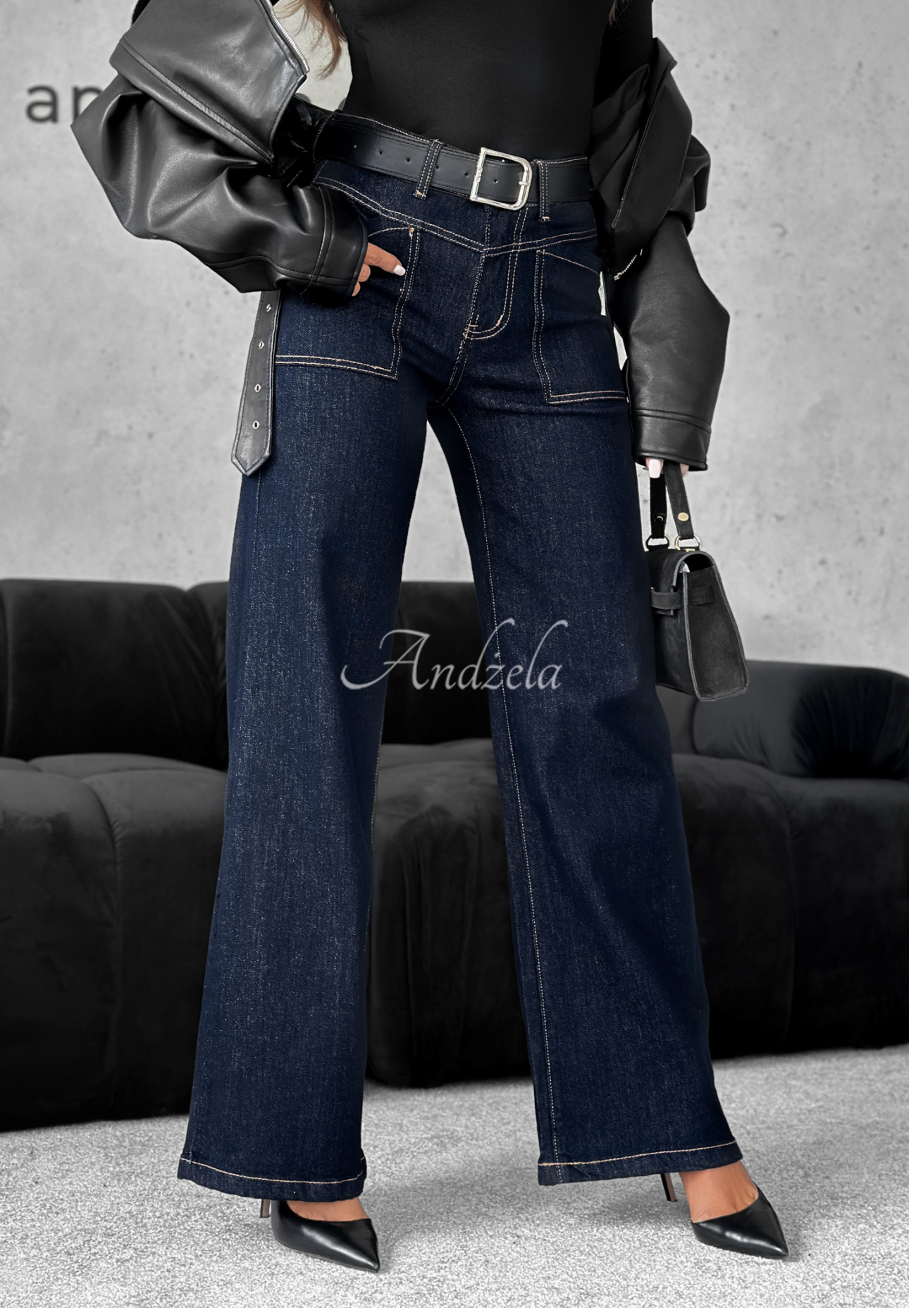 Wide leg Jeans mit Gürtel Still Learning Dunkelblau