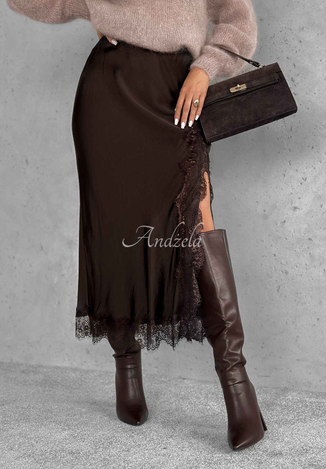 Midirock aus Viskose-Satin mit Spitze Hot Topic Schokoladenbraun