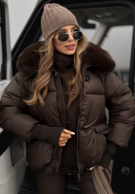 Gesteppte Jacke mit Kapuze und Fellbesatz Little Snowman Schokoladenbraun