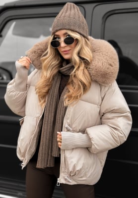 Gesteppte Jacke mit Kapuze und Fellbesatz Little Snowman Beige