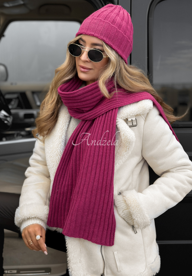 Geripptes Set aus M&uuml;tze und Schal aus Wolle und Kaschmir Snow Dates Fuchsia