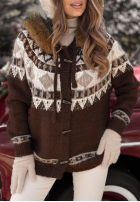 Wzorzysty Pullover z futerkiem Christmas Fireplace Schokoladenbraun