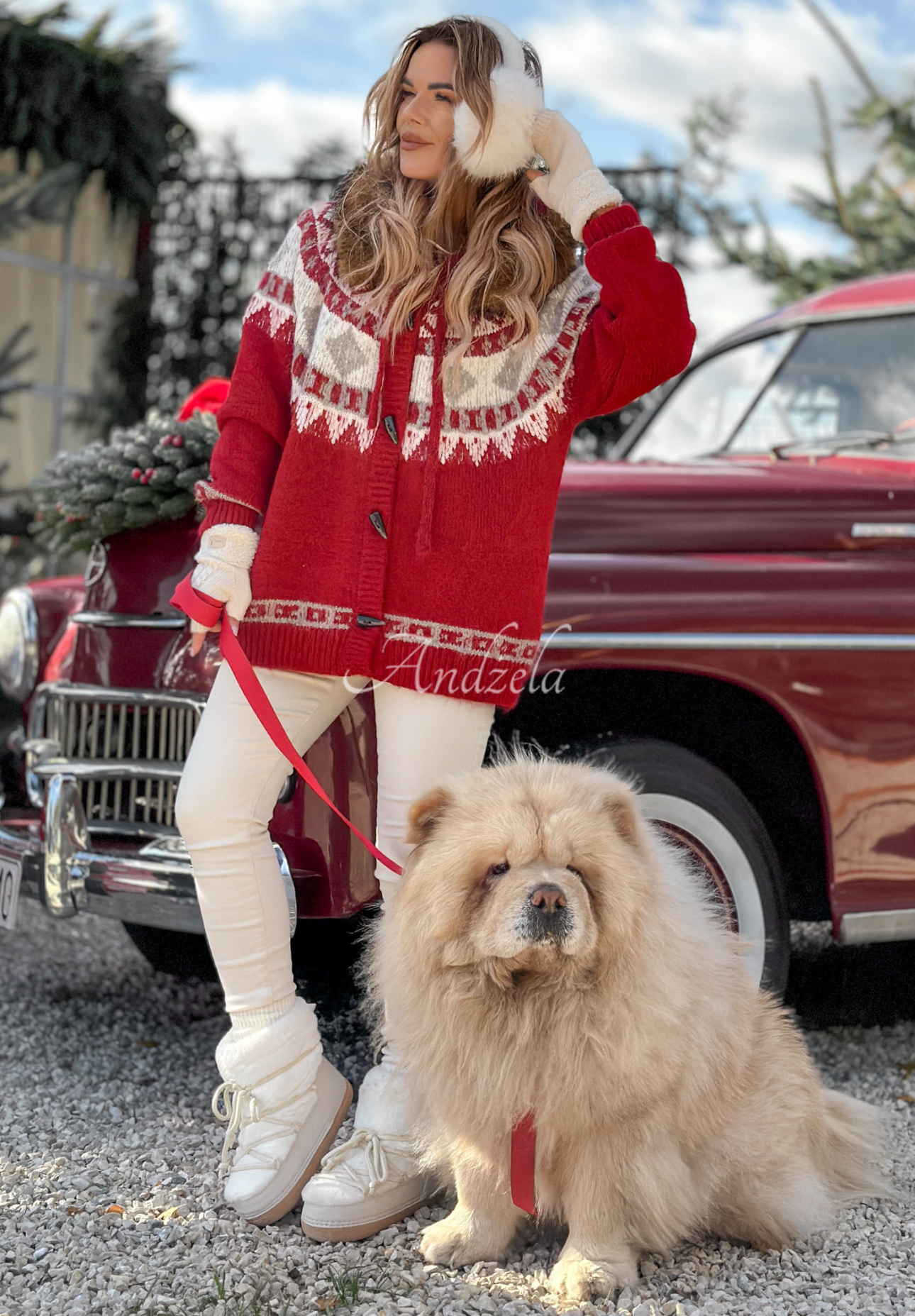 Gemusterter Pullover mit Kunstfell Christmas Fireplace Rot