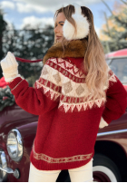 Wzorzysty Pullover z futerkiem Christmas Fireplace Rot