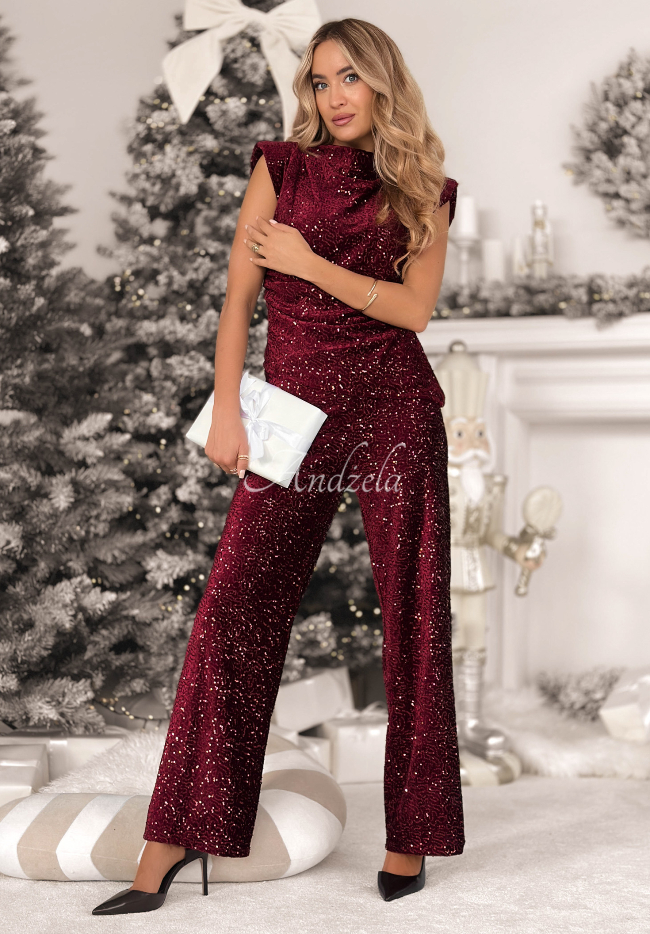 Paillettenhose wide leg The Mistletoe Lady Burgunderrot